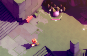 A small fox character approaches a round, pink creature in a stylized landscape with stairs and rocks.