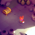 A fox character stands in a cave next to a treasure chest and various pots.