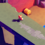 A small fox character stands on a stone bridge overlooking a beach, with a treasure chest in the distance.