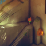 A small fox character stands on a staircase in a brightly lit, geometric environment.