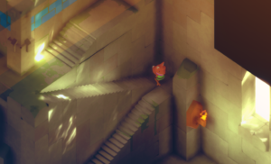 A small fox character stands on a staircase in a brightly lit, geometric environment.