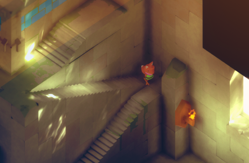 A small fox character stands on a staircase in a brightly lit, geometric environment.