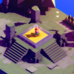 A character stands on a yellow platform surrounded by stone pillars and stairs in a colorful, stylized landscape.