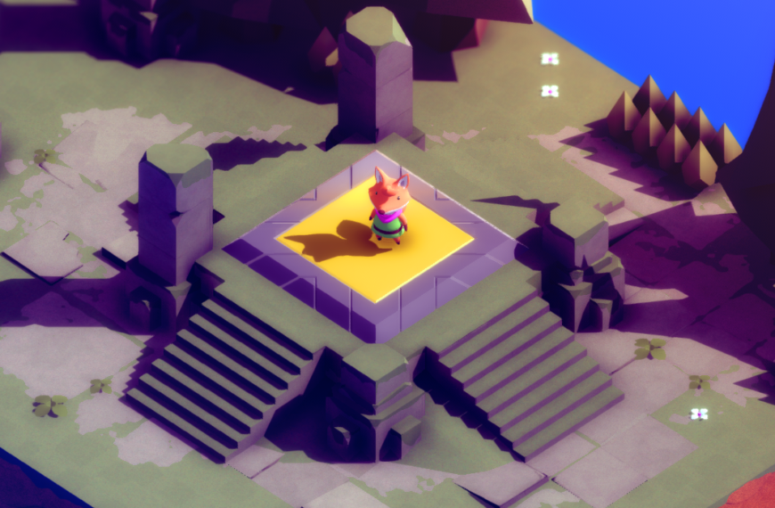 A character stands on a yellow platform surrounded by stone pillars and stairs in a colorful, stylized landscape.