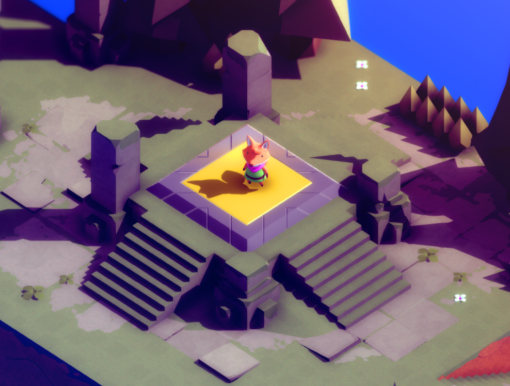 A character stands on a yellow platform surrounded by stone pillars and stairs in a colorful, stylized landscape.