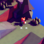 A small, fox-like character stands on a grassy cliff edge, surrounded by stylized trees and flowers against a blue background.
