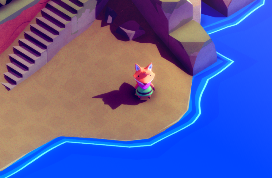 A small fox character stands on a beach near blue water with stairs leading up a rocky area.