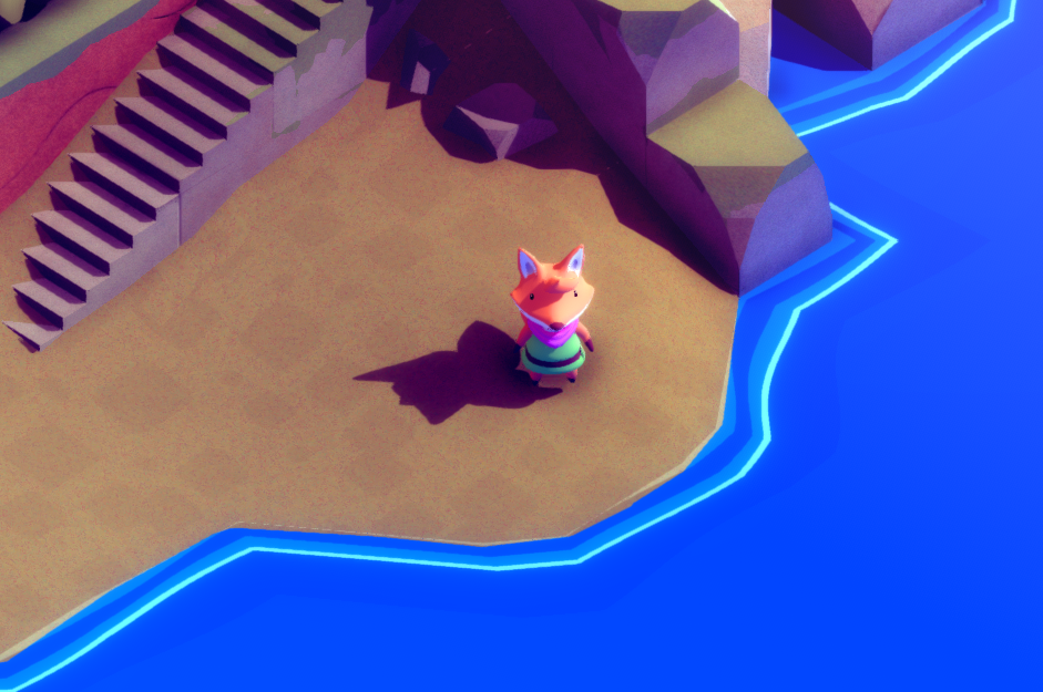 A small fox character stands on a beach near blue water with stairs leading up a rocky area.