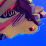 A small character explores a colorful, stylized landscape with stairs leading up a rocky cliff and a blue body of water nearby.