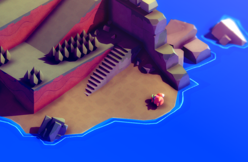 A small character explores a colorful, stylized landscape with stairs leading up a rocky cliff and a blue body of water nearby.