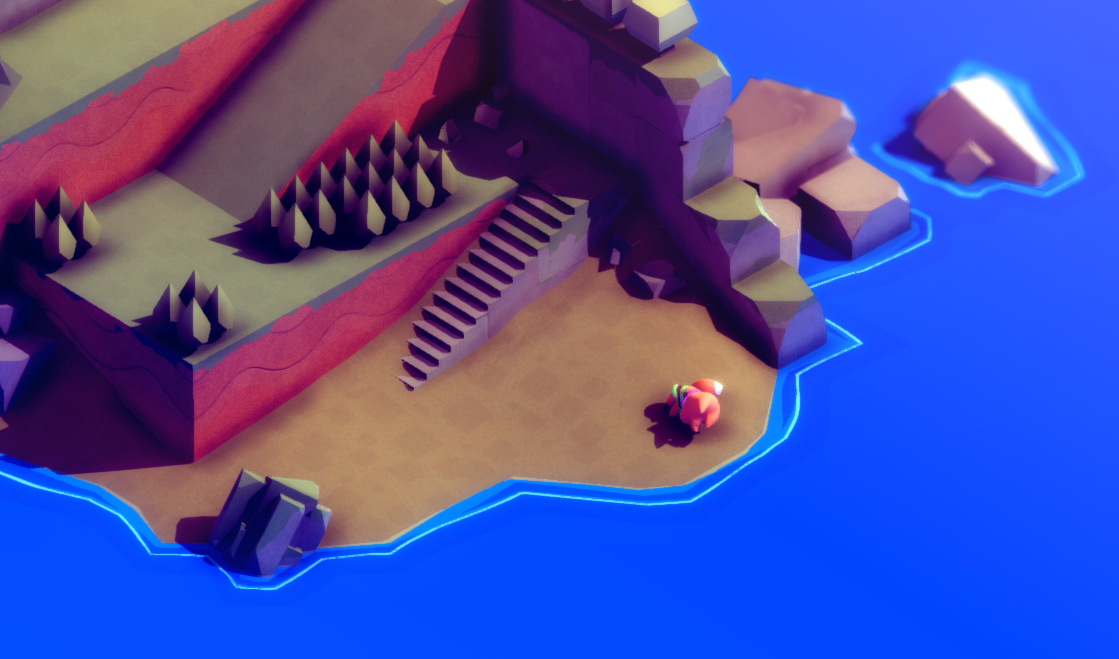 A small character explores a colorful, stylized landscape with stairs leading up a rocky cliff and a blue body of water nearby.