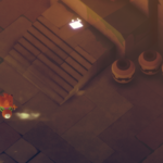 A top-down view of a character in a colorful environment with stairs and pots nearby.