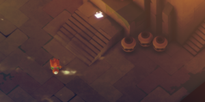 A top-down view of a character in a colorful environment with stairs and pots nearby.