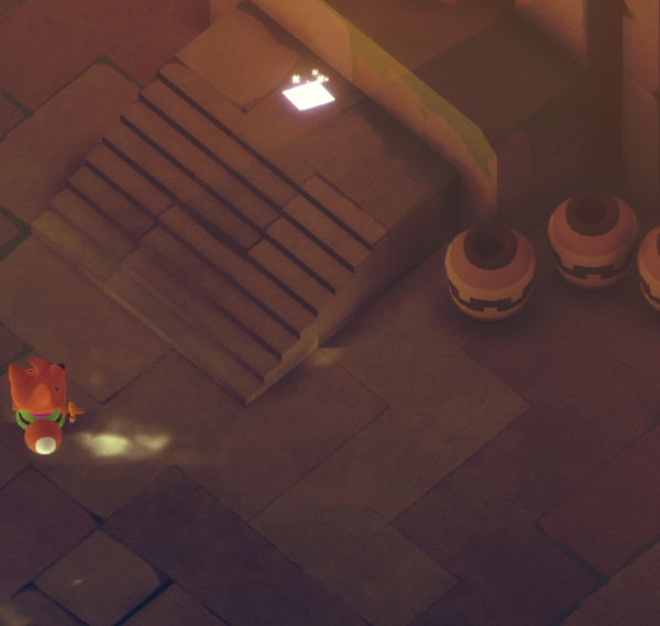 A top-down view of a character in a colorful environment with stairs and pots nearby.