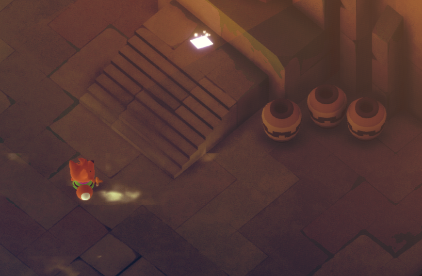 A top-down view of a character in a colorful environment with stairs and pots nearby.