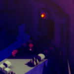 A small character stands near a glowing doorway in a stylized, colorful landscape.