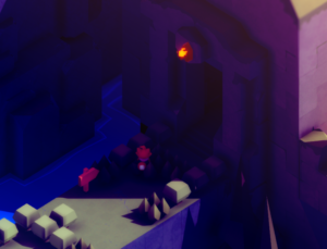 A small character stands near a glowing doorway in a stylized, colorful landscape.