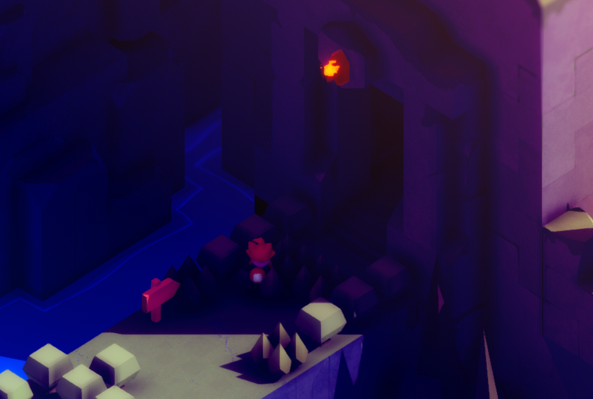 A small character stands near a glowing doorway in a stylized, colorful landscape.