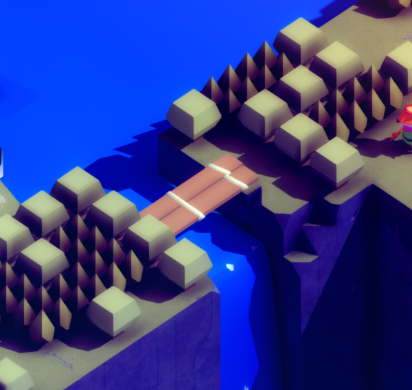 Isometric view of a character standing near a bridge, with a speech bubble indicating the word "SHIFT." Surrounding terrain features stylized trees and water.