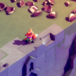 A small, colorful fox character stands on a rocky ledge in a vibrant, stylized landscape.