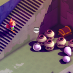 A small fox character stands on stairs next to pots and eggs, with a treasure chest nearby and a "SHIFT" prompt displayed.