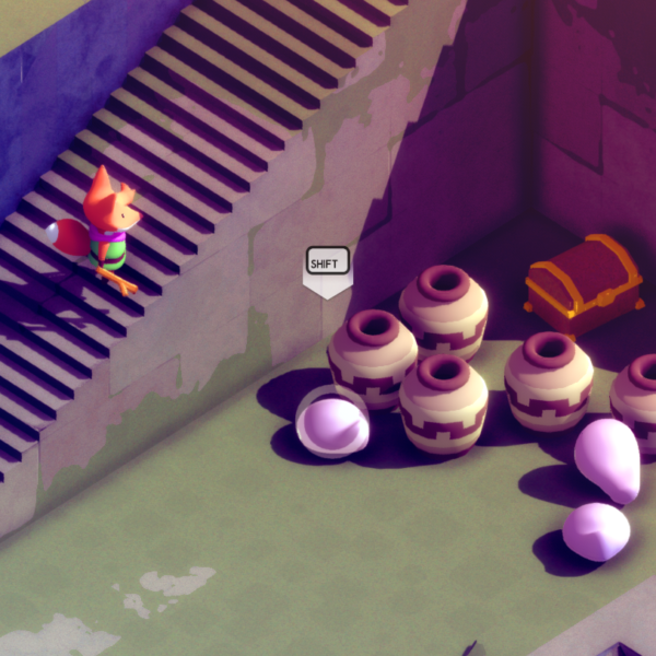 A small fox character stands on stairs next to pots and eggs, with a treasure chest nearby and a "SHIFT" prompt displayed.