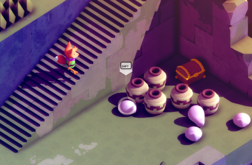 A small fox character stands on stairs next to pots and eggs, with a treasure chest nearby and a "SHIFT" prompt displayed.