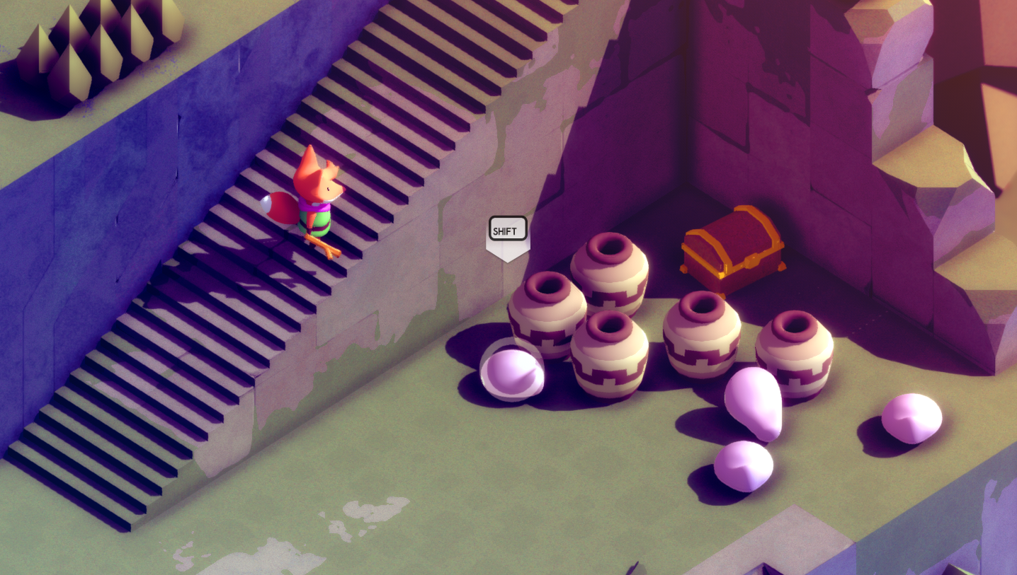 A small fox character stands on stairs next to pots and eggs, with a treasure chest nearby and a "SHIFT" prompt displayed.