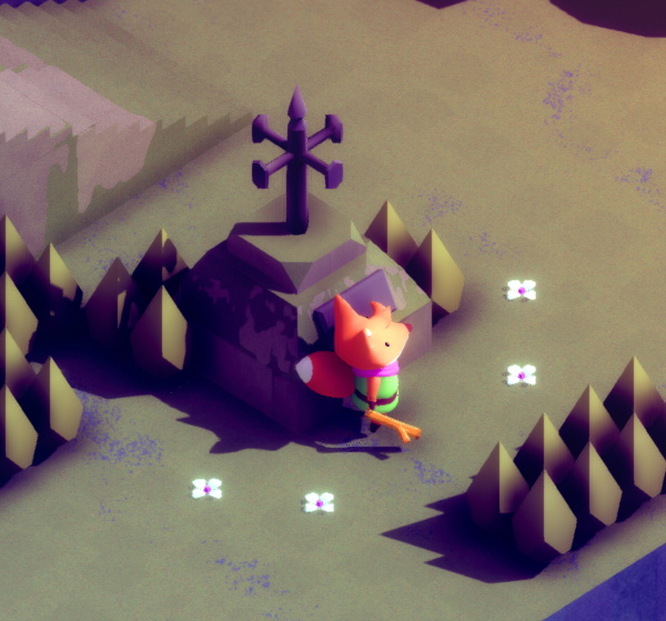 A fox character stands next to a stone monument with a cross, surrounded by stylized trees and flowers in a colorful landscape.