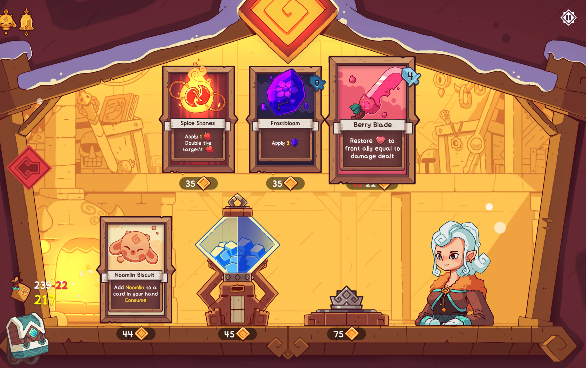 Screenshot from the game Wildfrost showing a character interface with various cards and options for gameplay.