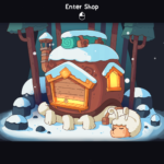 A cozy, snow-covered shop in a forest setting, with a sleeping creature in front.