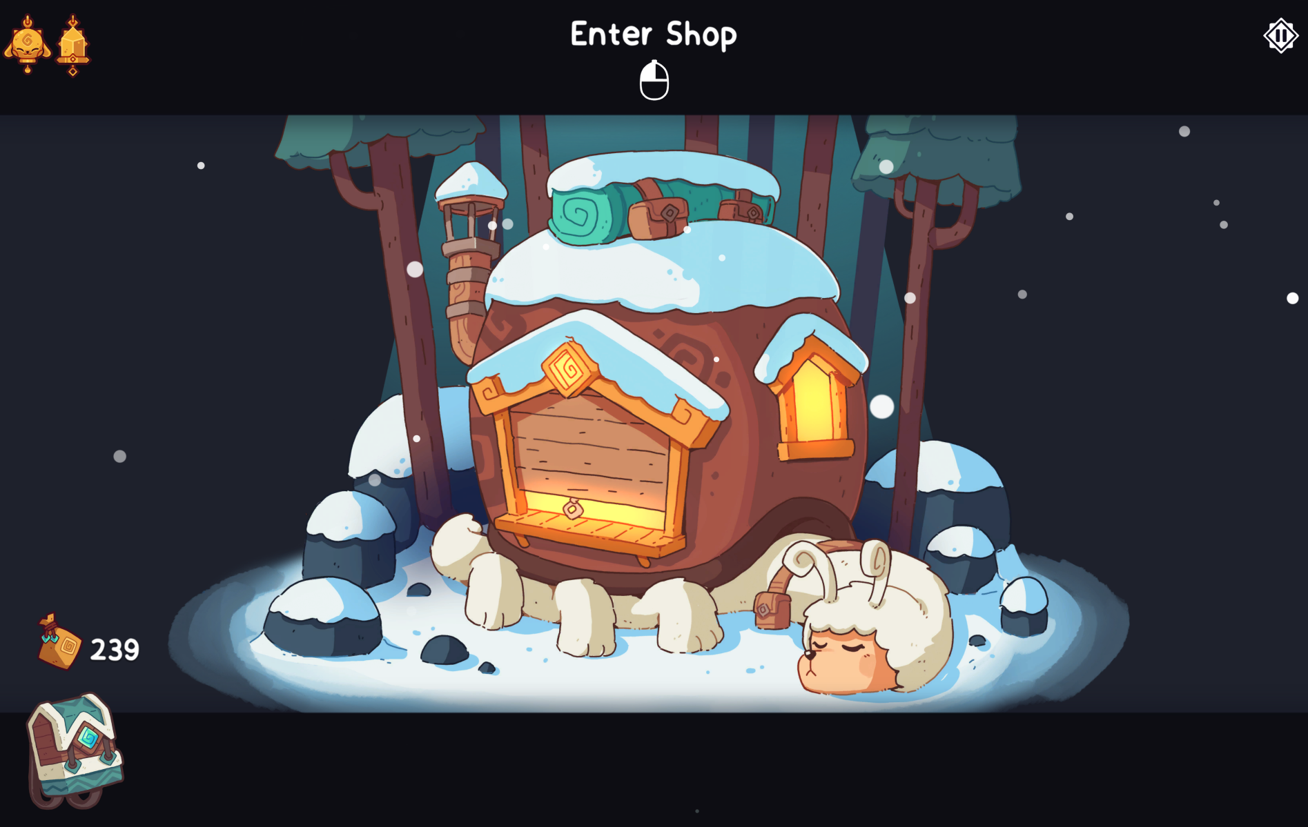 A cozy, snow-covered shop in a forest setting, with a sleeping creature in front.