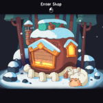A whimsical shop hub covered in snow, featuring a rounded wooden building and a sleeping, fluffy creature outside.