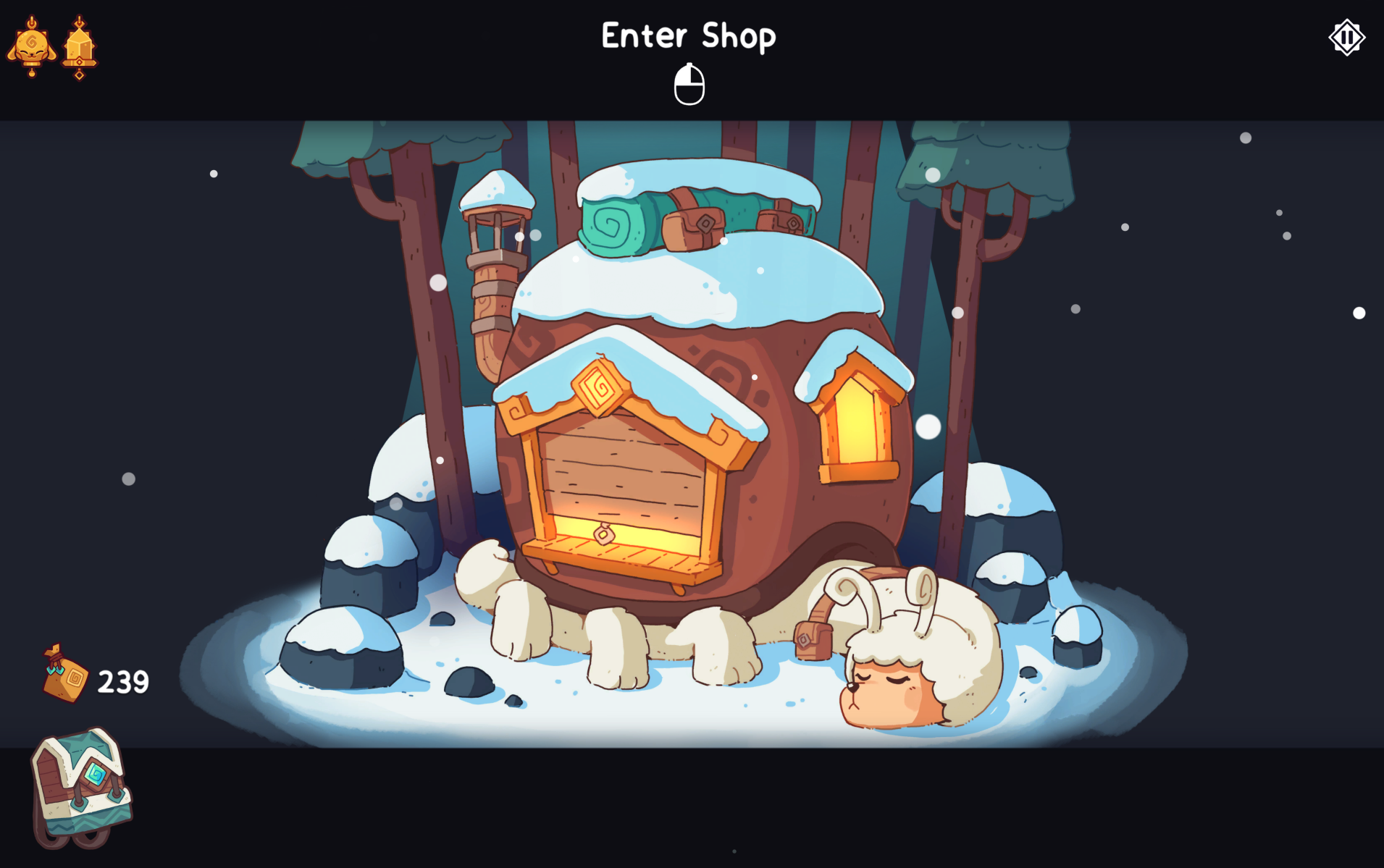 A whimsical shop hub covered in snow, featuring a rounded wooden building and a sleeping, fluffy creature outside.