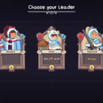 Screenshot showing three character cards in Wildfrost, with a title "Choose your Leader."