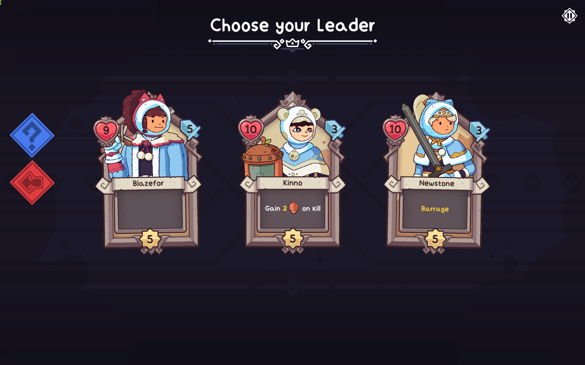 Screenshot showing three character cards in Wildfrost, with a title "Choose your Leader."