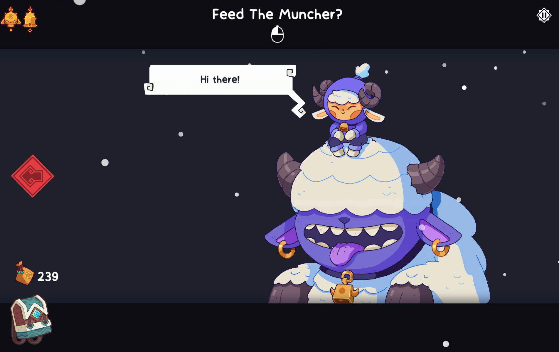 A character in a winter outfit sits on top of a large, smiling creature, with a speech bubble saying "Hi there!"