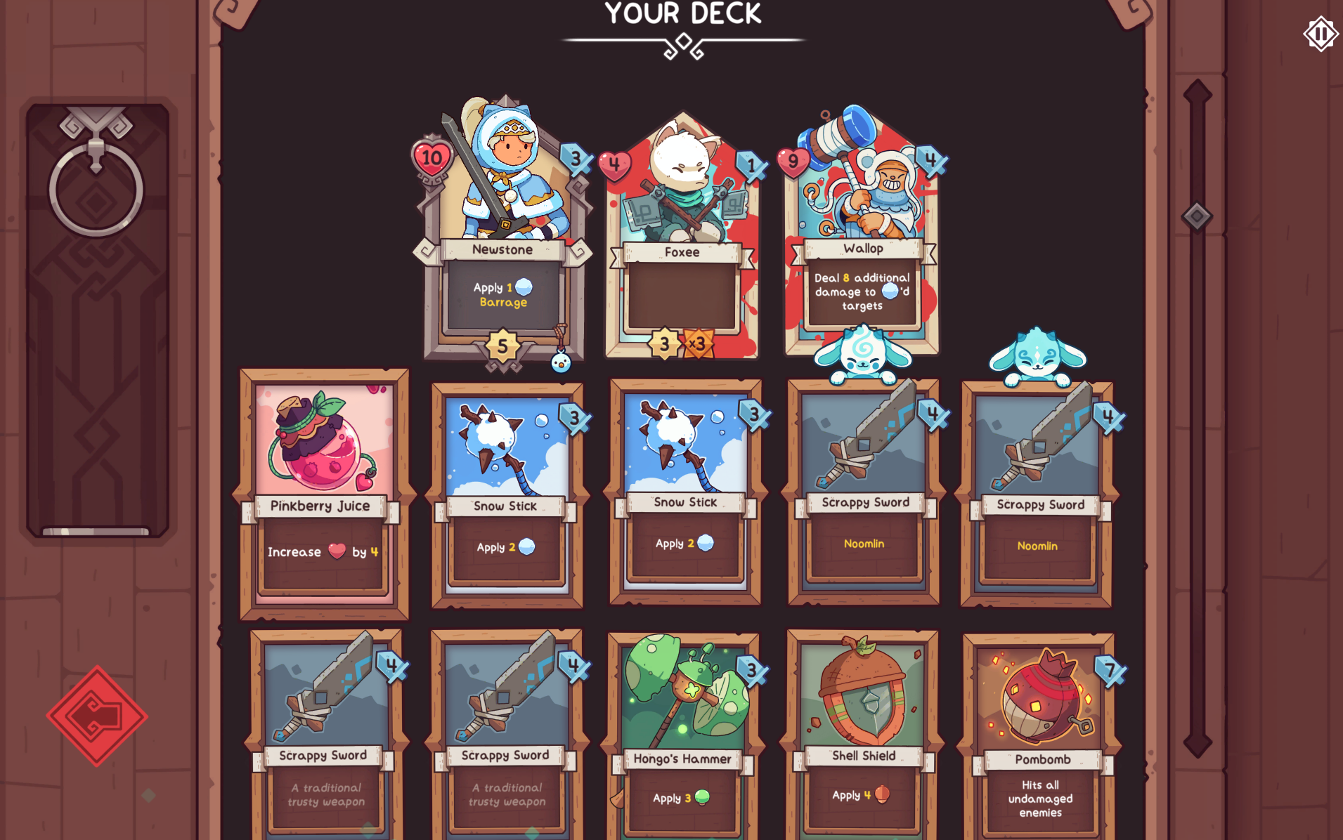 Screenshot of a deck in the video game Wildfrost, displaying various cards including characters and items with abilities and stats.