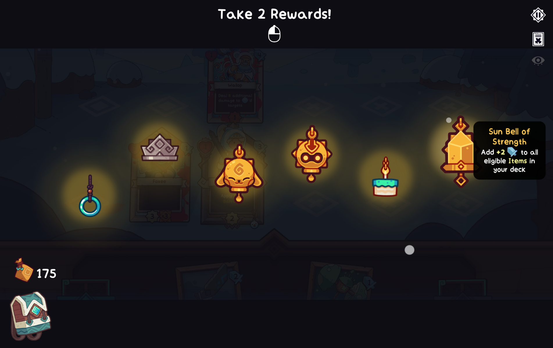 Menu screen showing rewards to select in Wildfrost, including items and abilities.