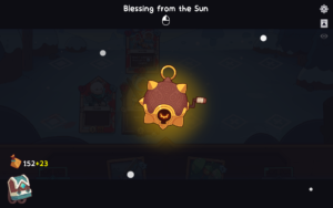 Screenshot from the game Wildfrost, displaying an item called "Blessing from the Sun" with a glowing sun-themed icon and cards in the background.