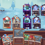 A turn-based strategy game screen from Wildfrost, showing character cards and a weapon card against a snowy background.