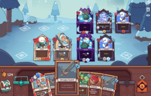A turn-based strategy game screen from Wildfrost, showing character cards and a weapon card against a snowy background.