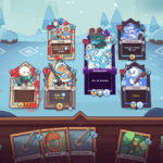 Screenshot of a Wildfrost game scene showing character cards, abilities, and a snowy background.