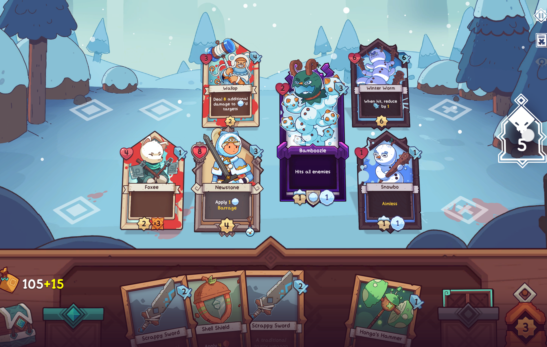 Screenshot of a Wildfrost game scene showing character cards, abilities, and a snowy background.