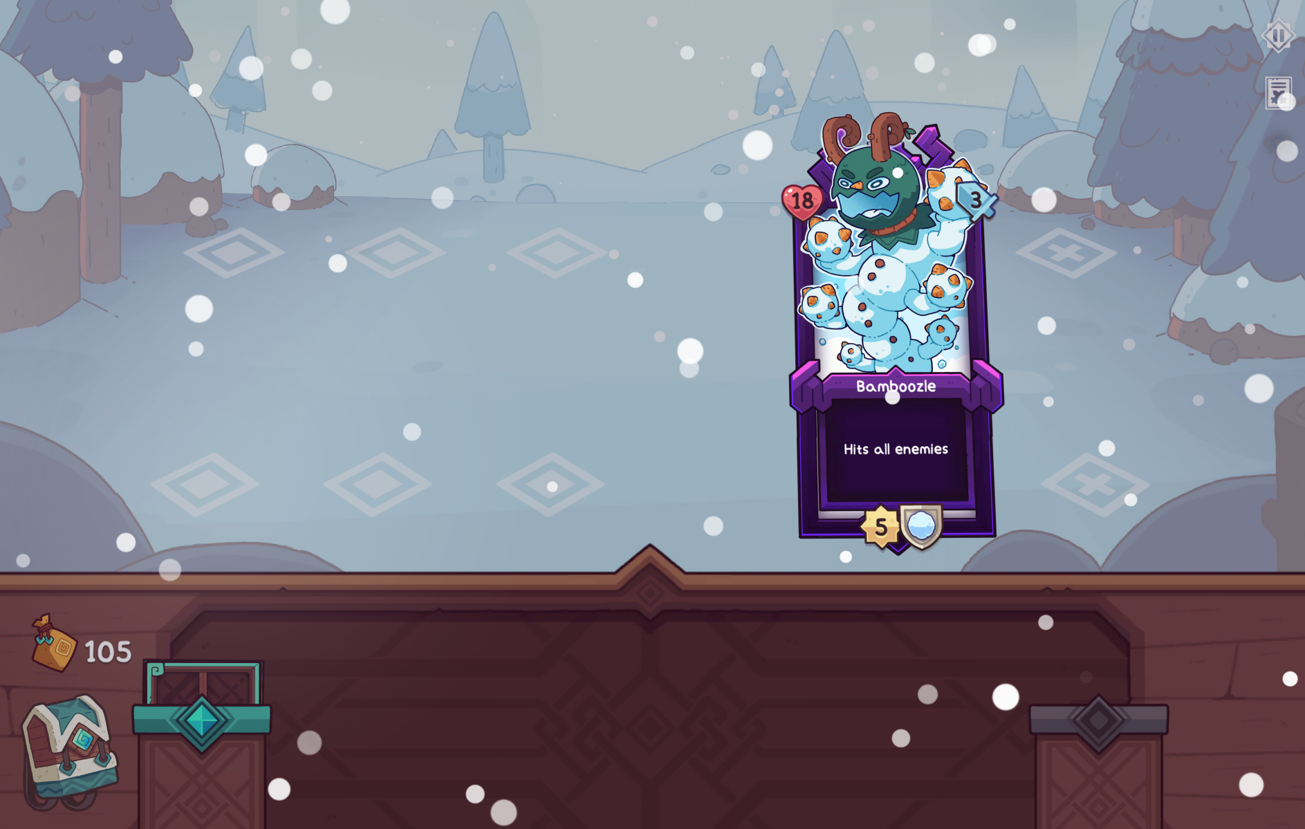 Card screen from Wildfrost featuring a character named Bamboozle, surrounded by snow with the ability to hit all enemies.