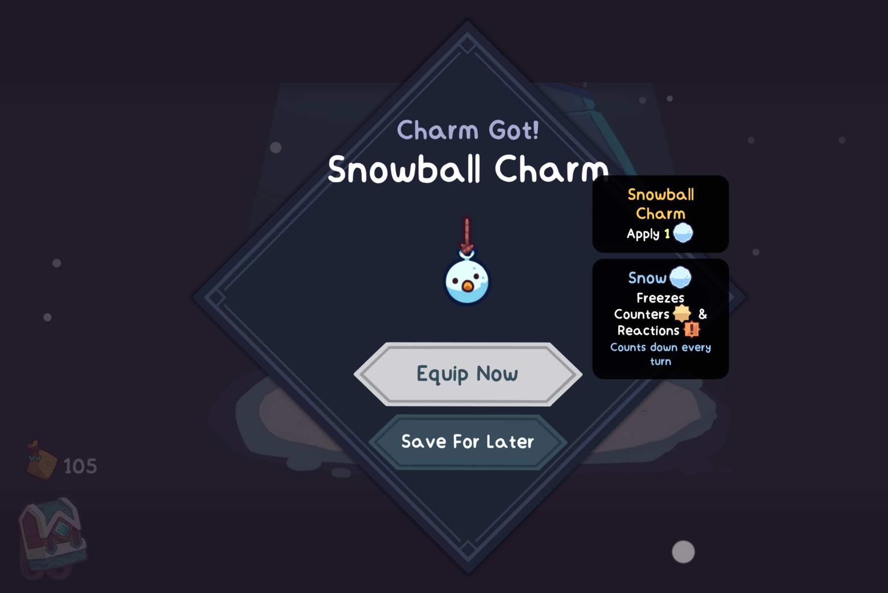 Screenshot showing the "Snowball Charm" in Wildfrost, with options to equip or save for later.