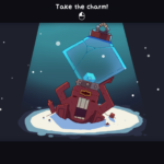 A red creature holding a large blue charm, surrounded by snow, with the text "Take the charm!" above.