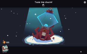 A red creature holding a large blue charm, surrounded by snow, with the text "Take the charm!" above.