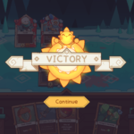 Victory screen with a glowing sun icon and a "Continue" button, featuring card details and game resources at the bottom.