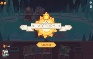 Victory screen with a glowing sun icon and a "Continue" button, featuring card details and game resources at the bottom.